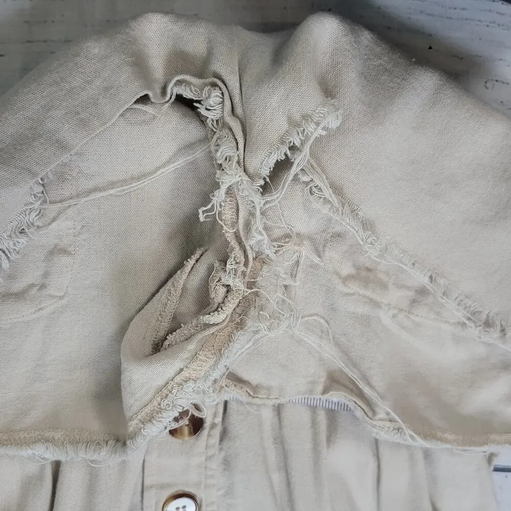 Mine‎ Size L Carlen Romper Raw Hem Beige Sleeveless Shorts Buttons Causal